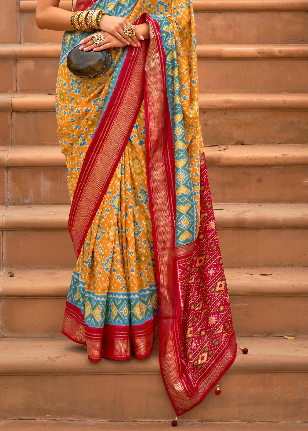 Buy MySilkLove Neon Carrot Yellow Woven Patola Silk Saree Online