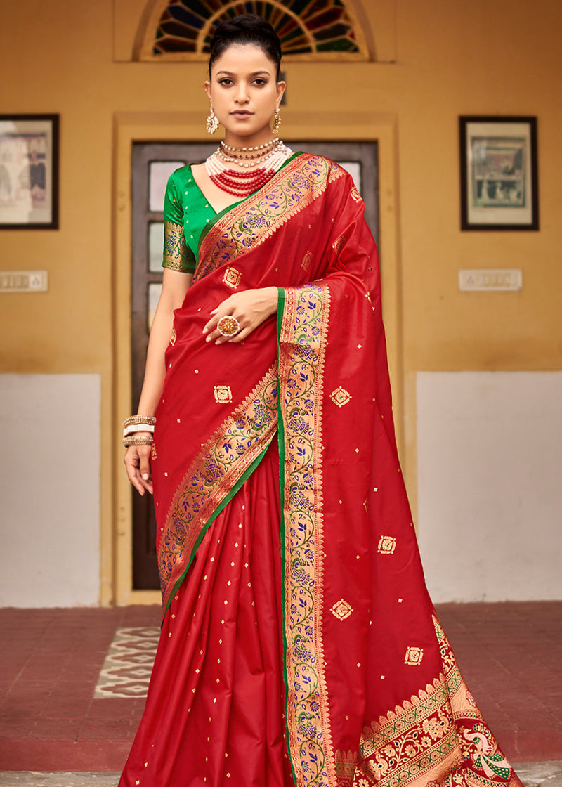 Red Soft Banarasi Silk Saree|Buy Now Zaree Weave Saree At Best Rates|Jhakhas