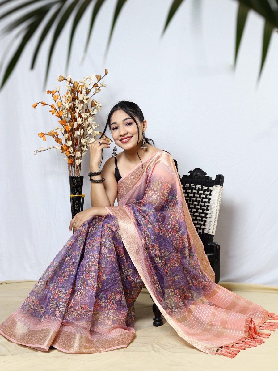 Buy MySilkLove Almond Pink Organza Kalamkari Printed with Sequins Jacquard Woven Saree Online