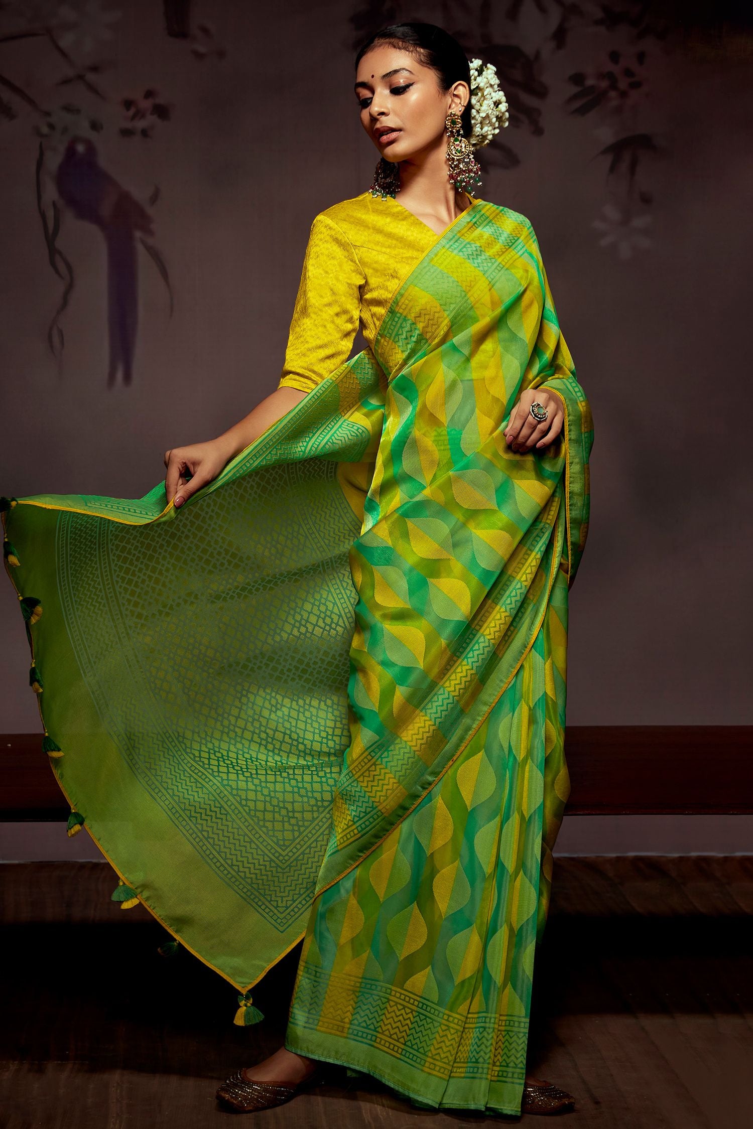 MySilkLove Atlantis Green Printed Brasso Saree