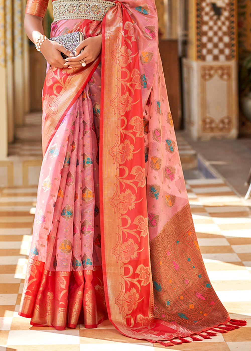 Buy MySilkLove Deep Blush Pink Banarasi Tissue Woven Silk Saree Online