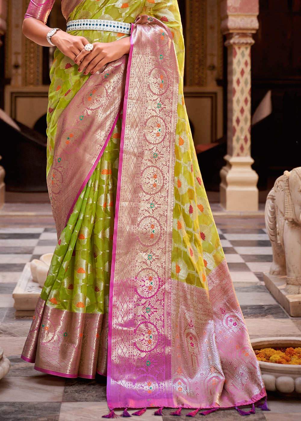 Buy MySilkLove Husk Green Banarasi Tissue Woven Silk Saree Online