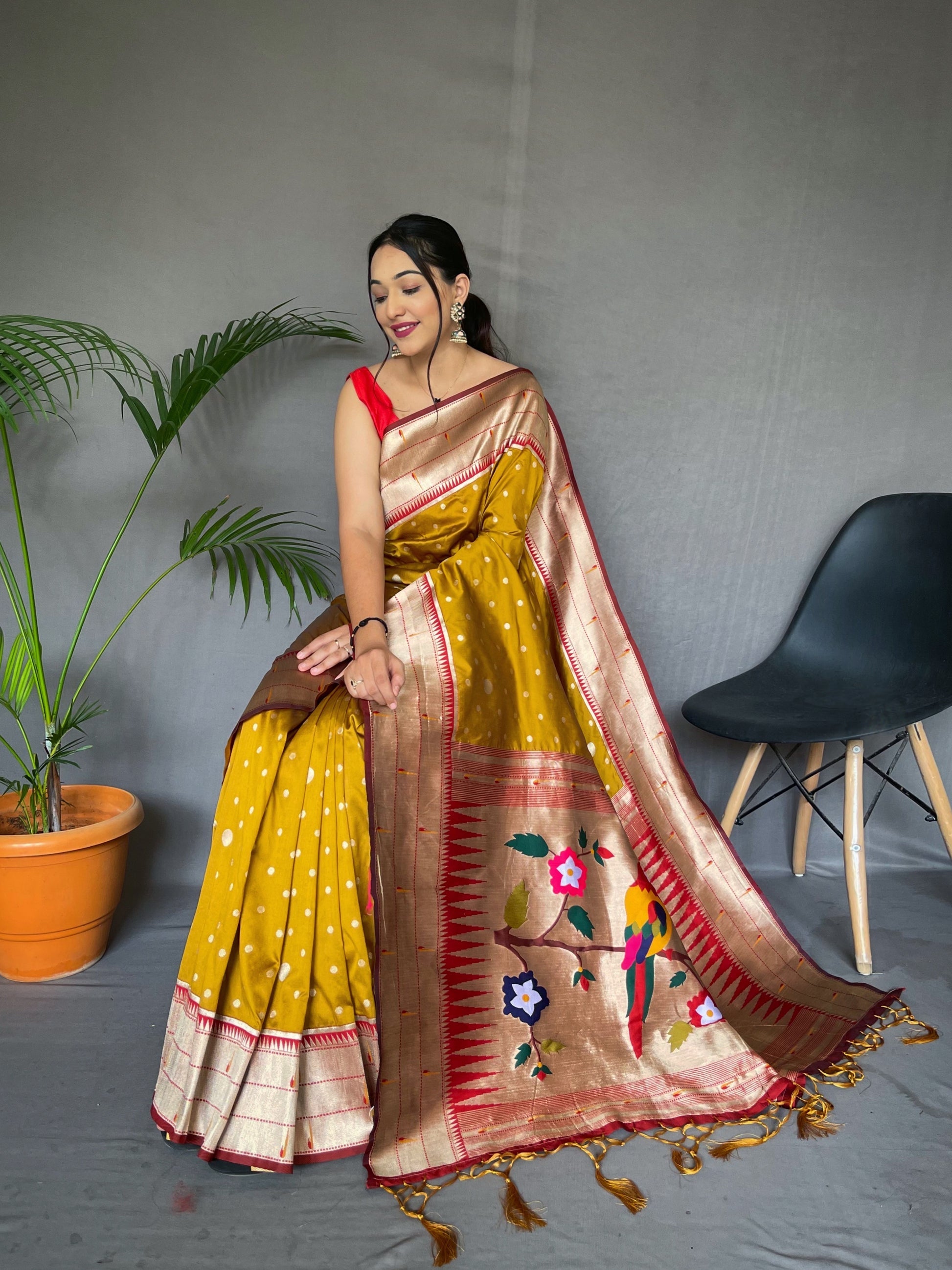 Buy MySilkLove Golden Grass Polka Paithani Woven Silk Saree Online