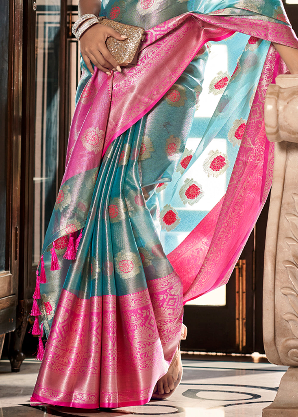 Buy MySilkLove Sea Nymph Blue and Pink Woven Banarasi Organza Silk Saree Online