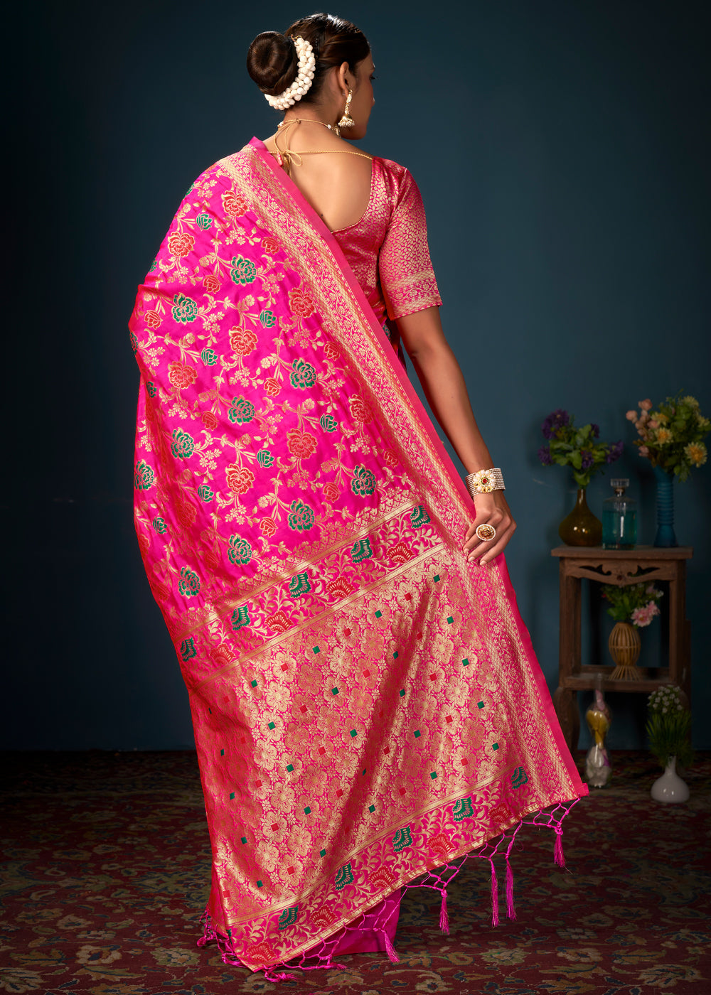 Buy MySilkLove Wild Strawberry Pink Woven Banarasi Silk Saree Online