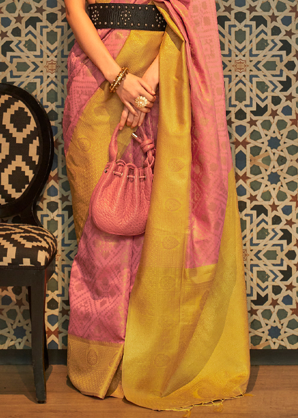 Buy MySilkLove Vivid Tangerine Pink and Yellow Banarasi Woven Silk Saree Online