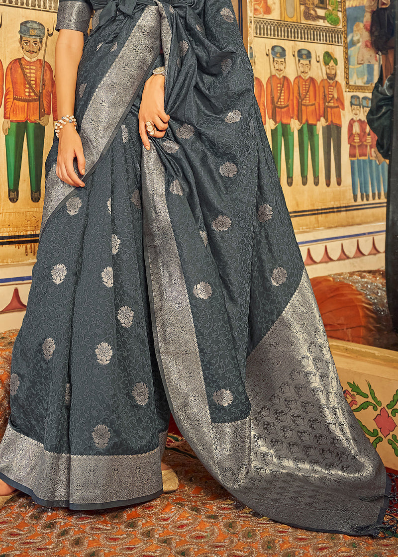 Cape Cod Grey Banarasi Woven Silk Saree