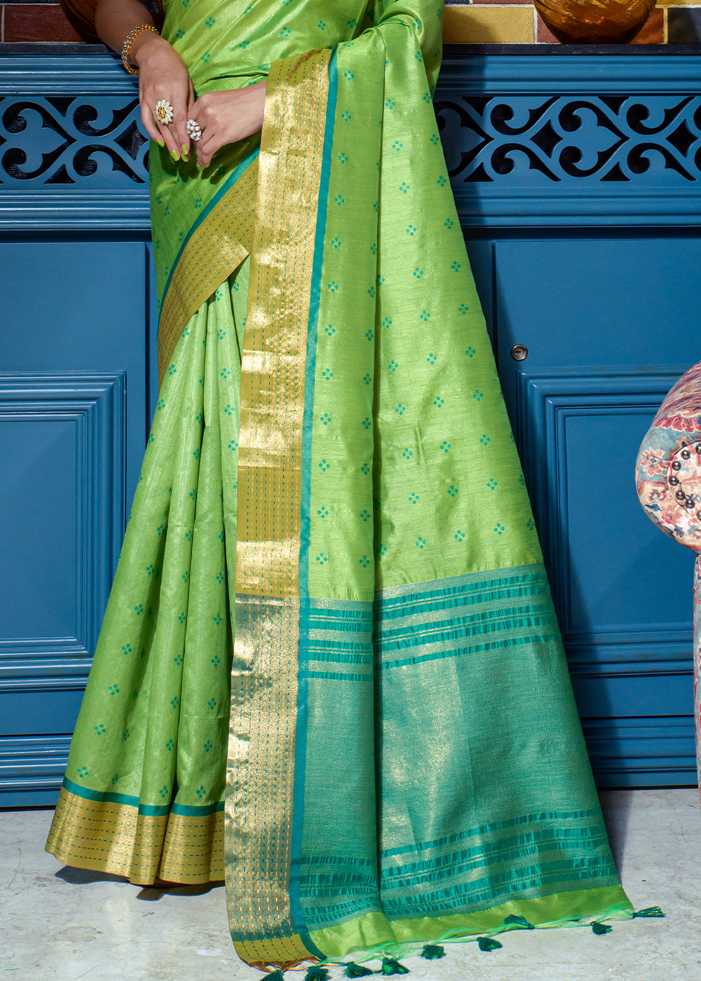 Buy MySilkLove Mantis Green Woven Raw Silk Saree Online