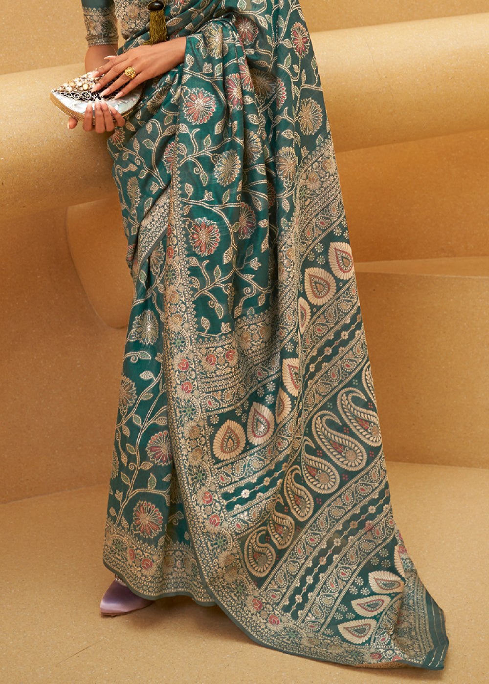 Buy MySilkLove Plantation Green Woven Lucknowi Banarasi Saree Online