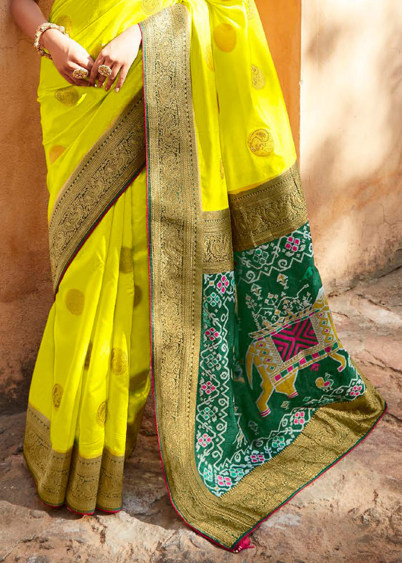 Lemon Yellow Zari Work Silk Saree With Blouse Piece