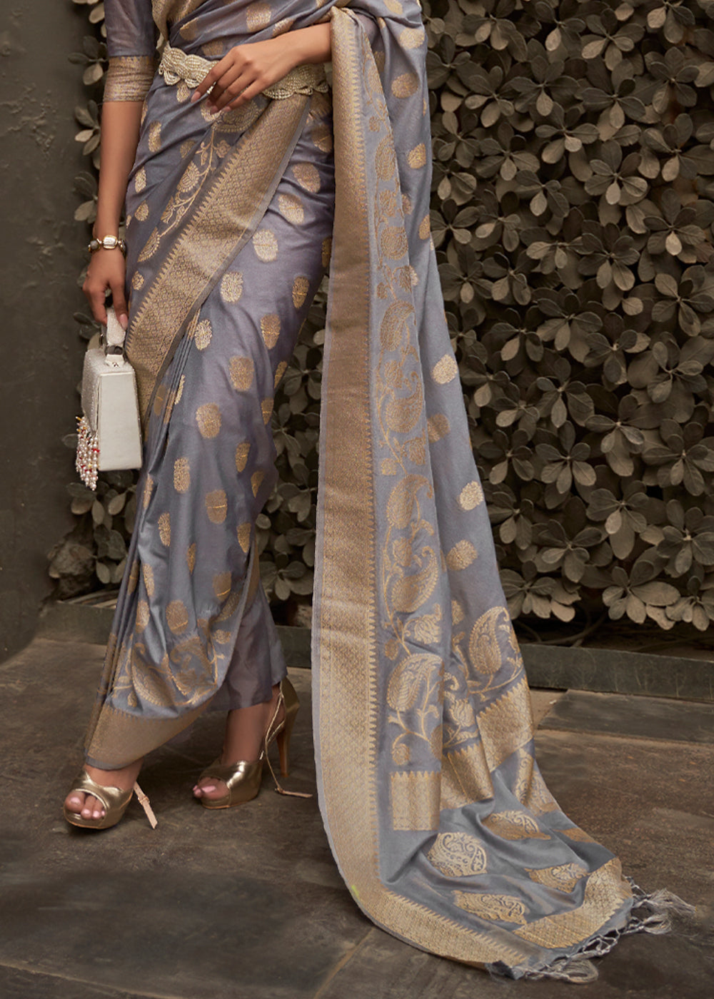 Buy MySilkLove Granite Grey Woven Banarasi Chiffon Saree Online