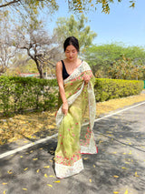 Willow Green Lucknowi Chikankari Organza Silk Saree
