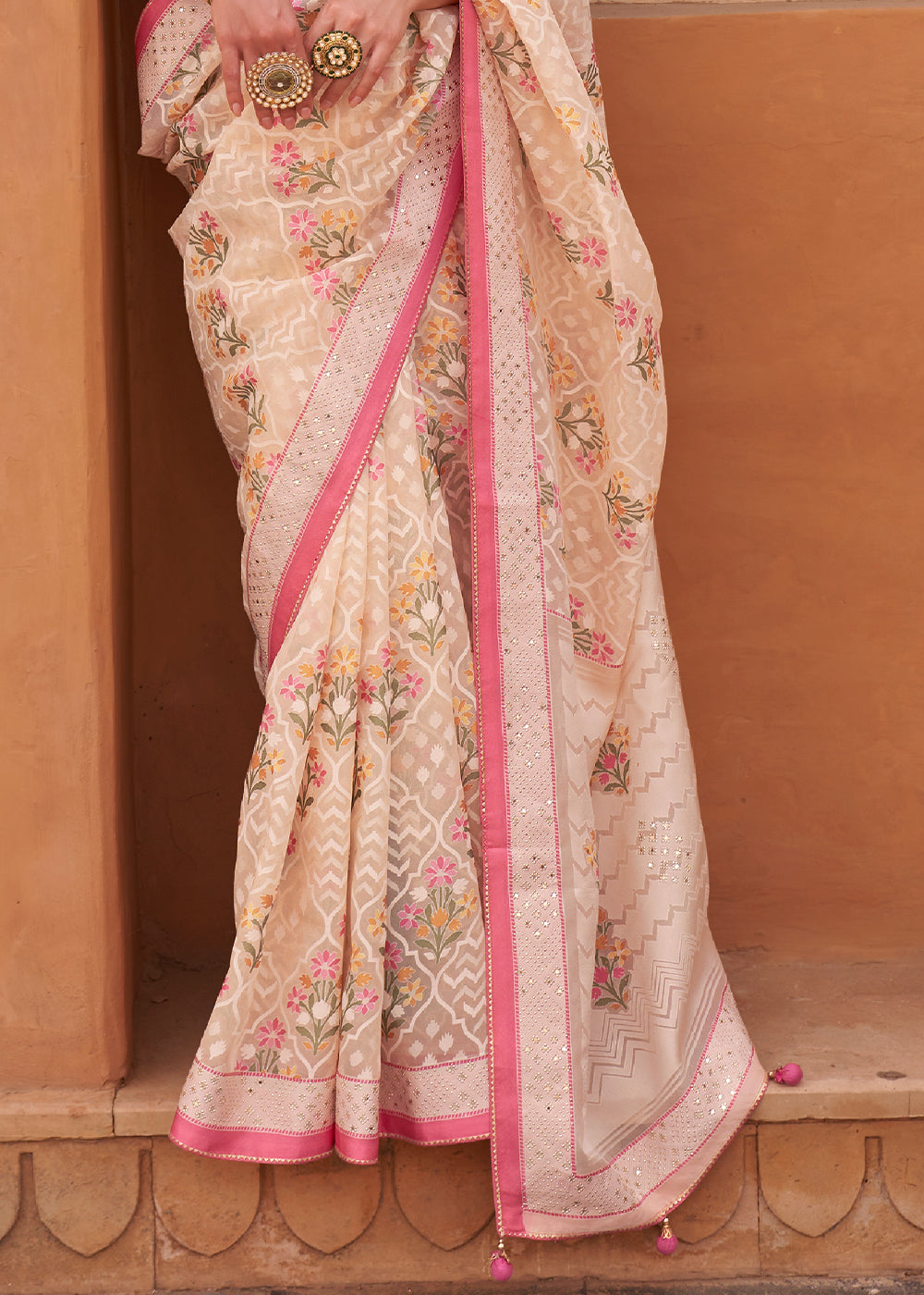 Buy MySilkLove Shilo Pink and Ivory Patola Printed Tissue Silk Saree Online