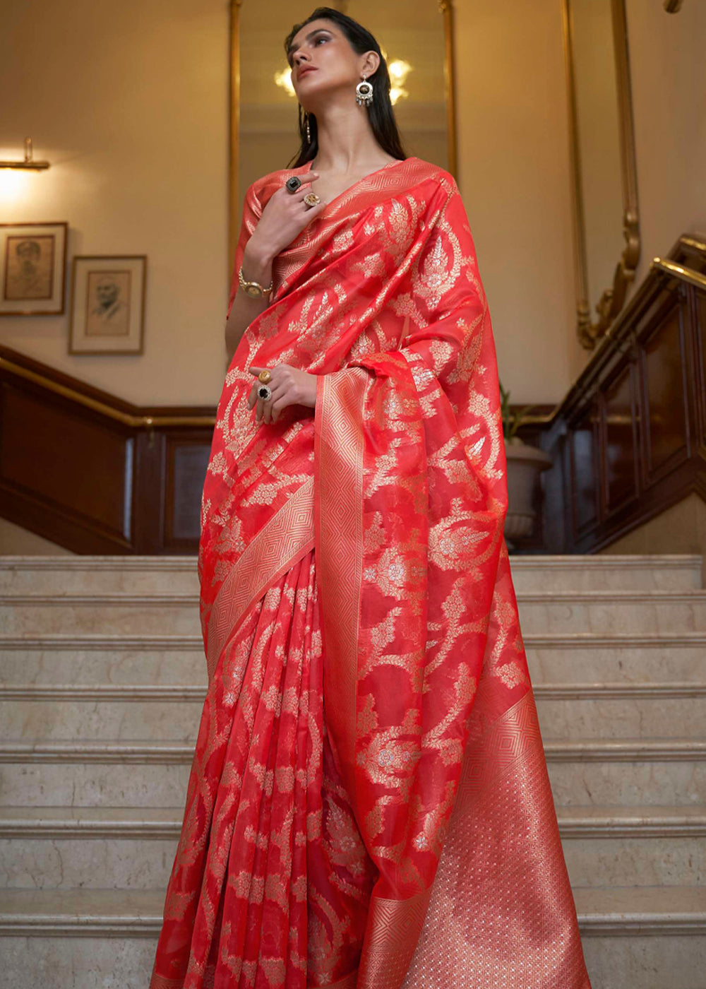 Buy MySilkLove Poppy Red Woven Organza Banarasi Silk Saree Online