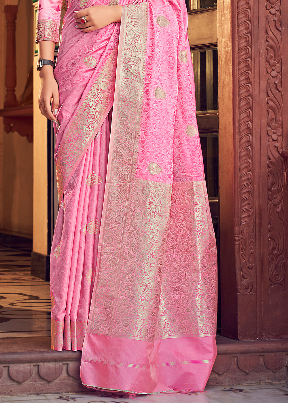 Buy MySilkLove Pink Sherbert Banarasi Woven Satin Silk Saree Online