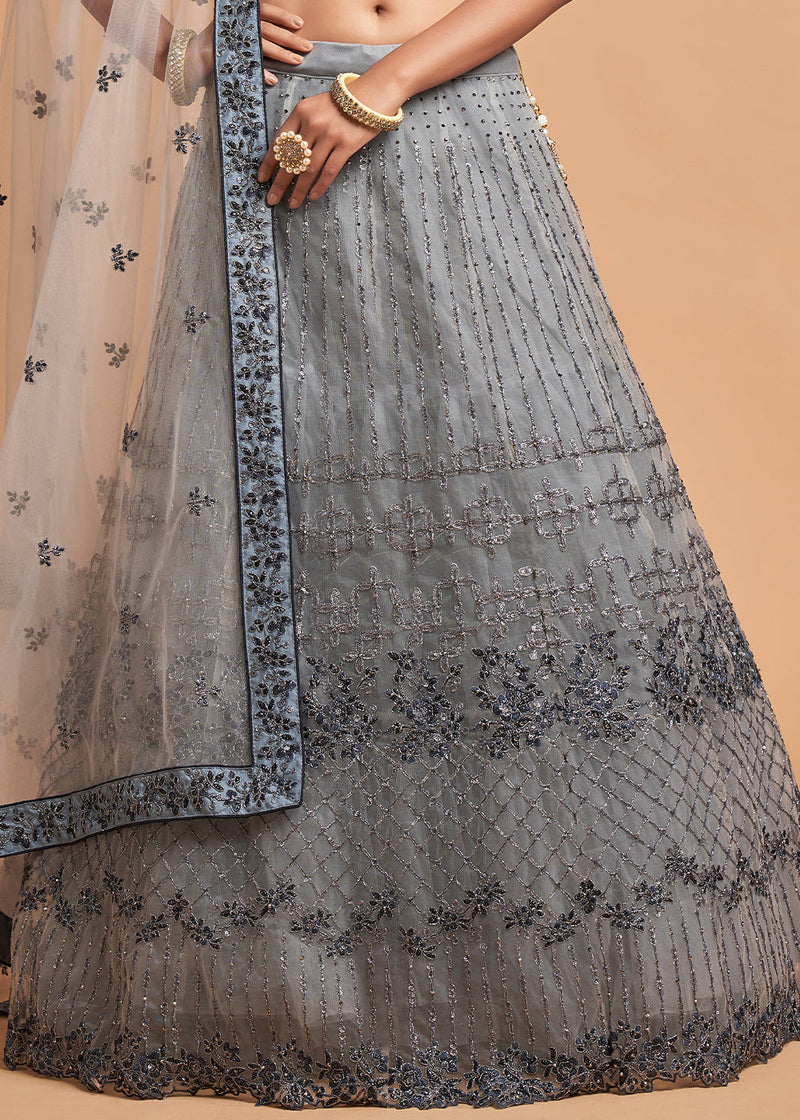 Woven Zari Banarasi silk lehenga choli in Grey color