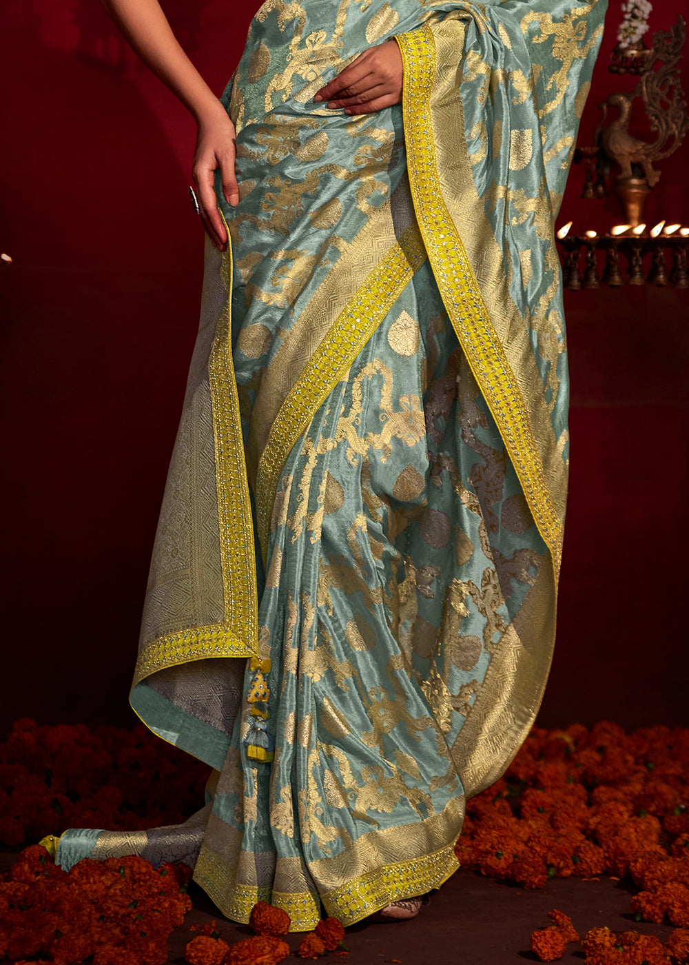 Buy MySilkLove Pewter Blue Woven Banarasi Georgette Silk Saree Online