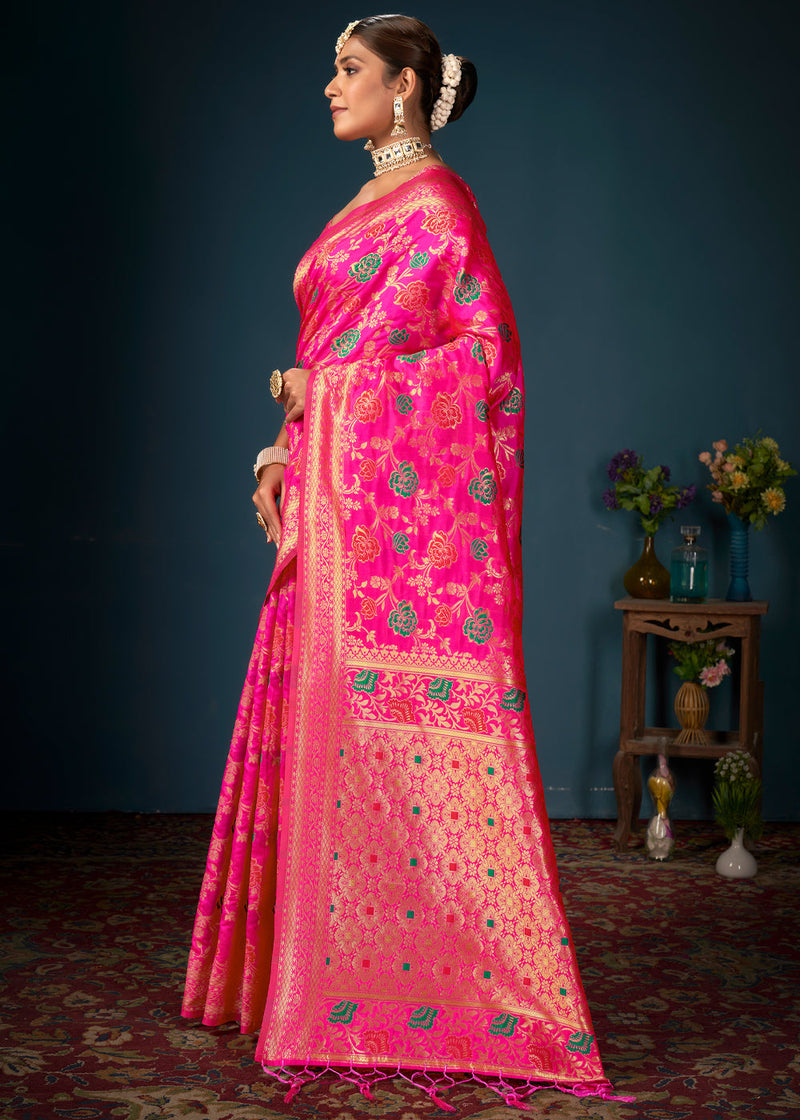 Wild Strawberry Pink Woven Banarasi Silk Saree