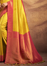 Candy Corn Yellow and Red Zari Woven Kanjivaram Silk Saree