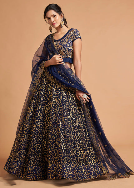 Designer Navy Blue Sequence work Netted Crop Top and Lehenga Set –  Cherrypick