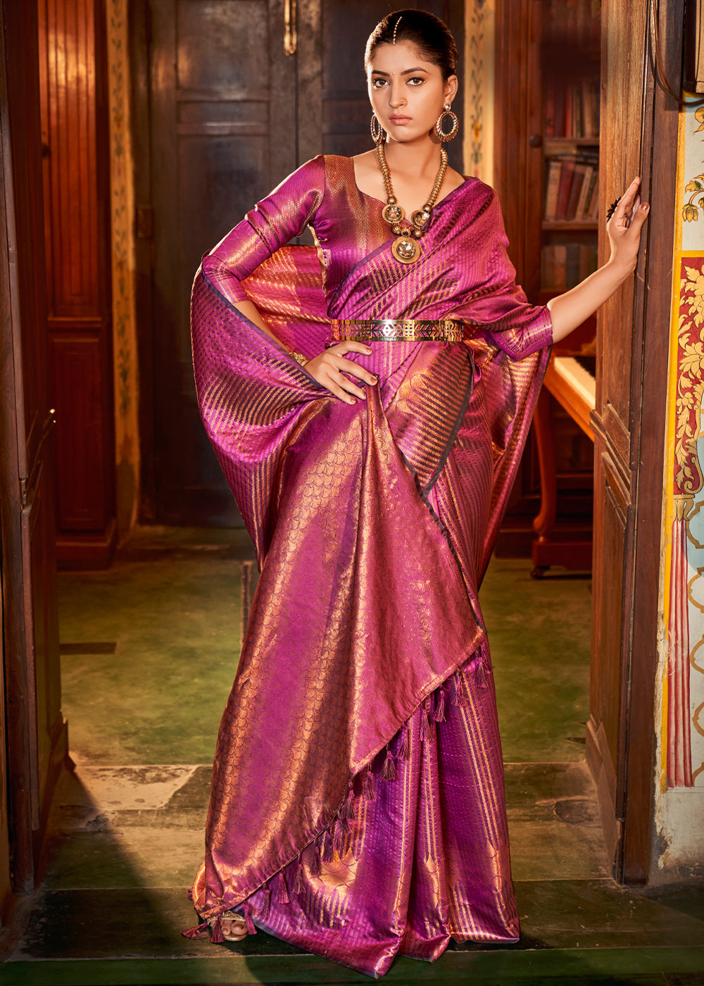 Buy MySilkLove Cinnamon Satin Pink Zari Woven Kanjivaram Silk Saree Online