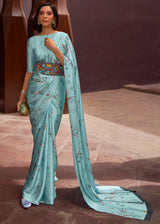 Shadow Blue Floral Printed Satin Silk Saree