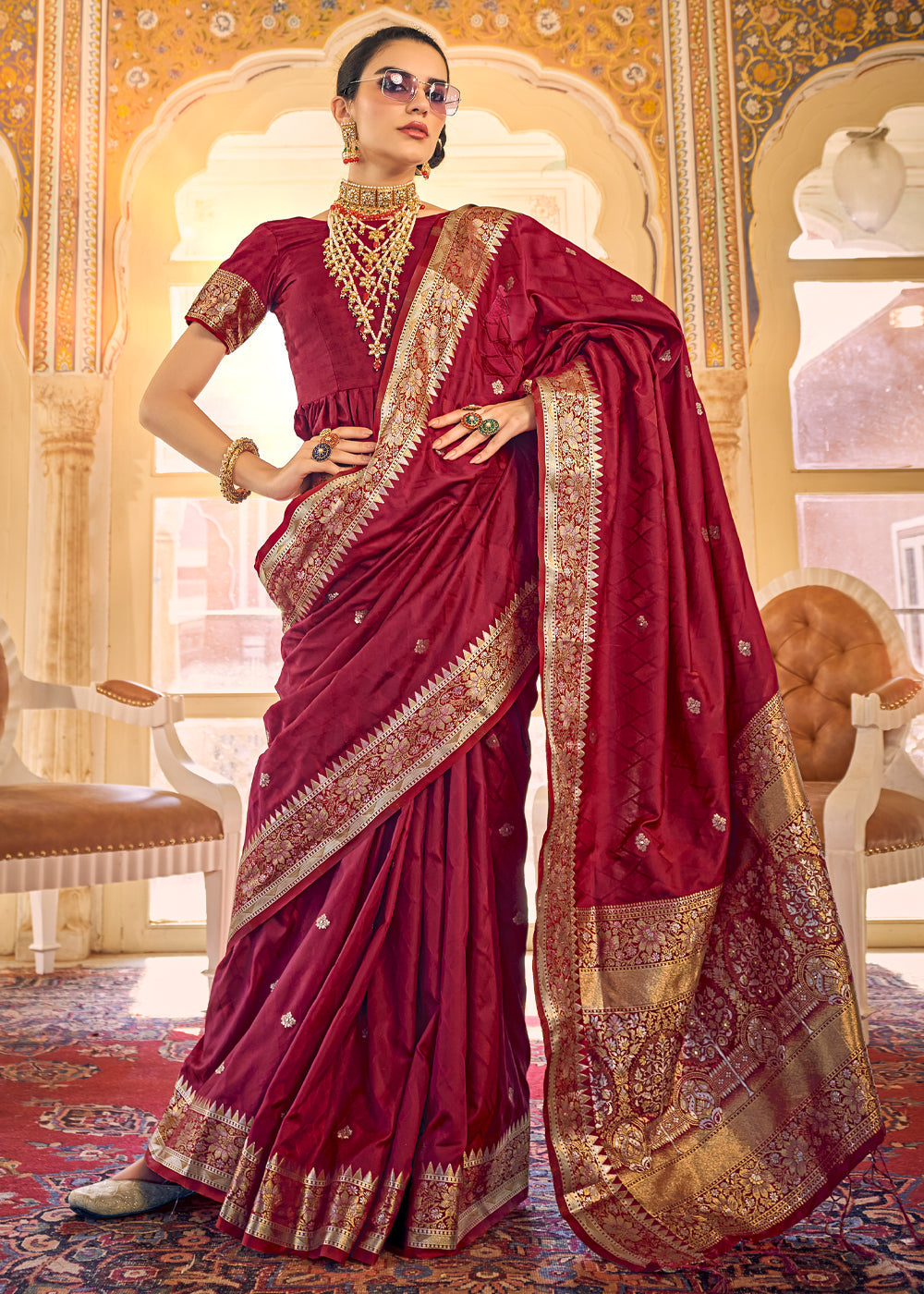 Buy MySilkLove Claret Maroon Woven Banarasi Satin Silk Saree Online