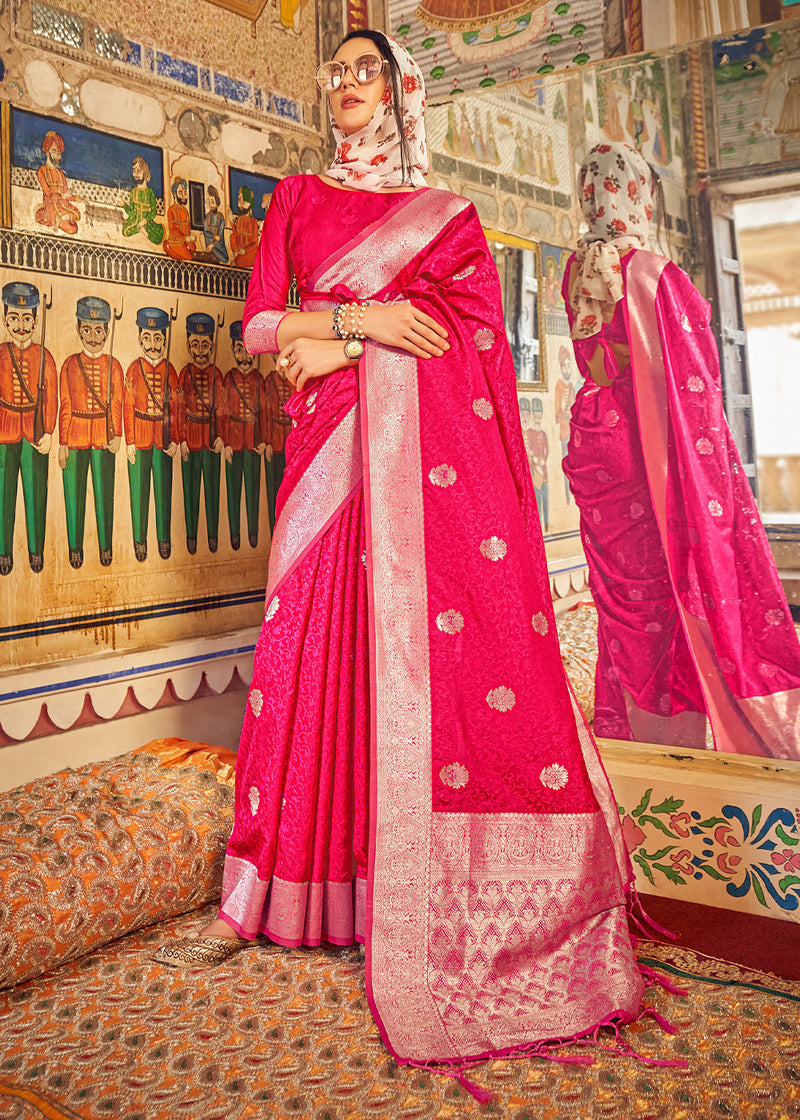 Wild Strawberry Pink Banarasi Woven Silk Saree