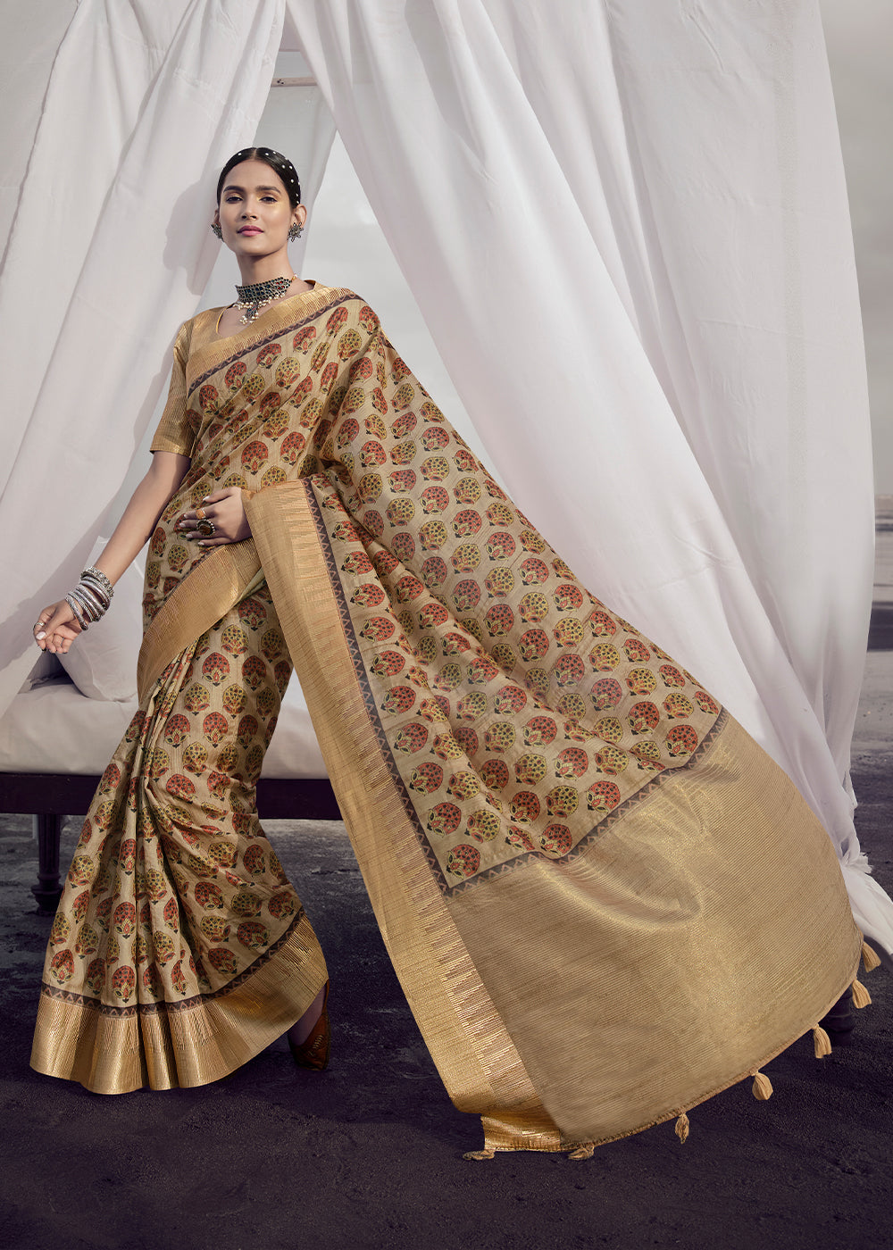 Buy MySilkLove Twine Brown Printed Designer Silk Saree Online