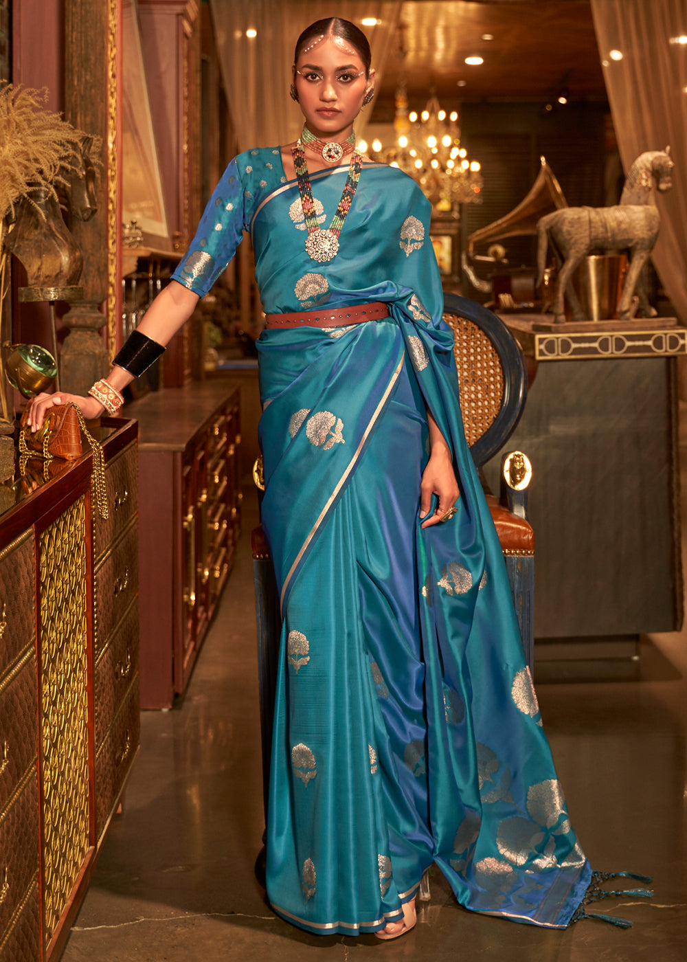 Buy MySilkLove Wedgewood Blue Woven Banarasi Satin Silk Saree Online