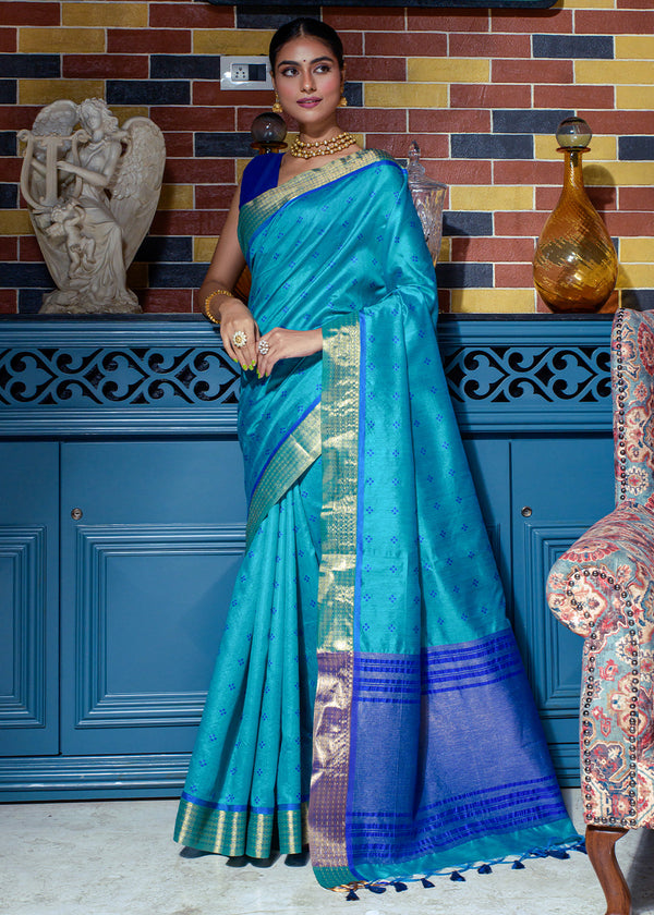 Keppel Blue Woven Raw Silk Saree