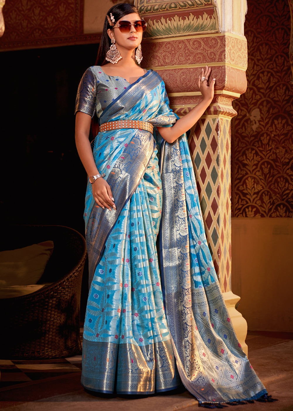 Buy MySilkLove Pelorous Blue Banarasi Tissue Woven Silk Saree Online