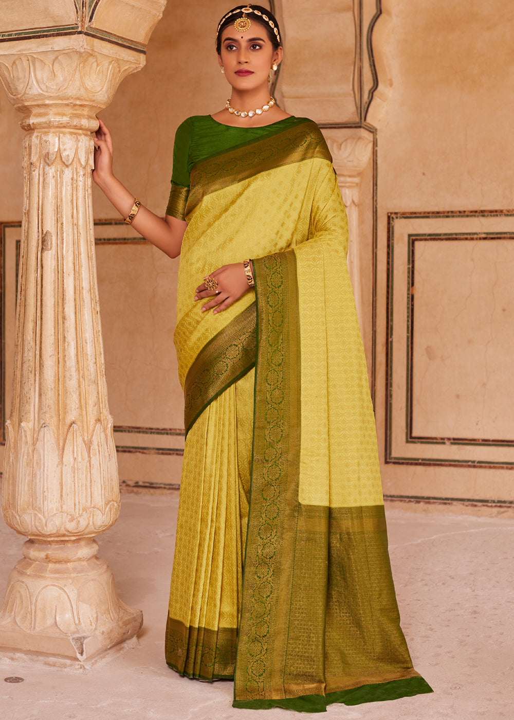 Buy MySilkLove Rob Roy Yellow and Green Woven Kanjivram Silk Saree Online