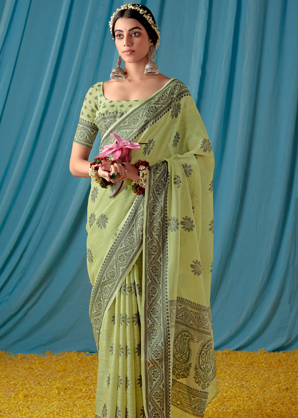 Buy MySilkLove Barley Corn Green Woven Banarasi Linen Silk Saree Online