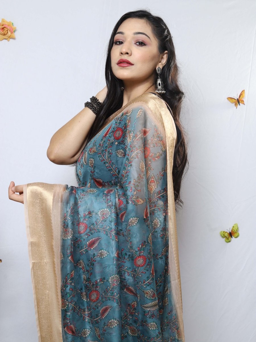 Buy MySilkLove Casper Blue Organza Kalamkari Printed with Sequins Jacquard Woven Saree Online