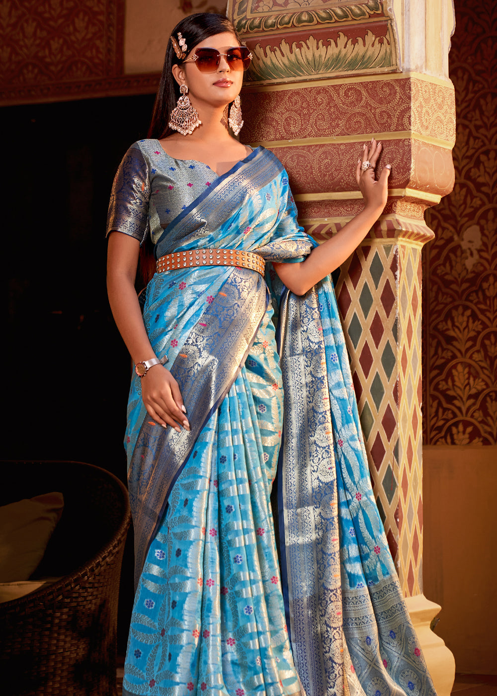 Buy MySilkLove Pelorous Blue Banarasi Tissue Woven Silk Saree Online