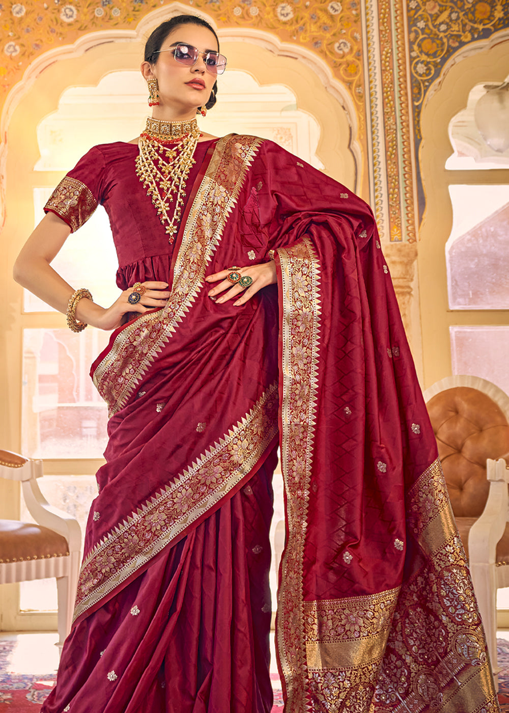 Buy MySilkLove Claret Maroon Woven Banarasi Satin Silk Saree Online