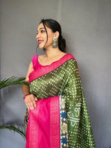 Finch Green Gala Bandhej Kalamkari Printed Silk Saree