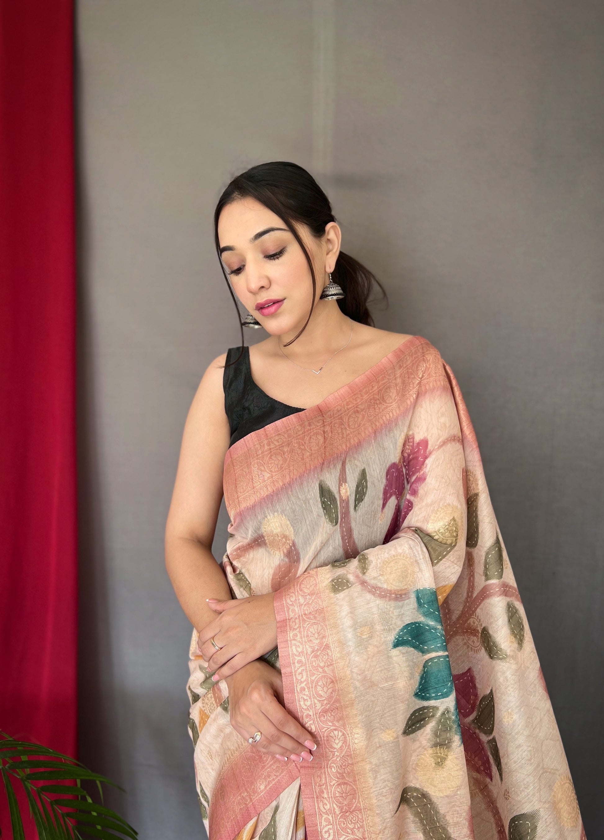 Buy MySilkLove Sundown Pink and Cream Floral Designer Banarasi Silk Saree Online