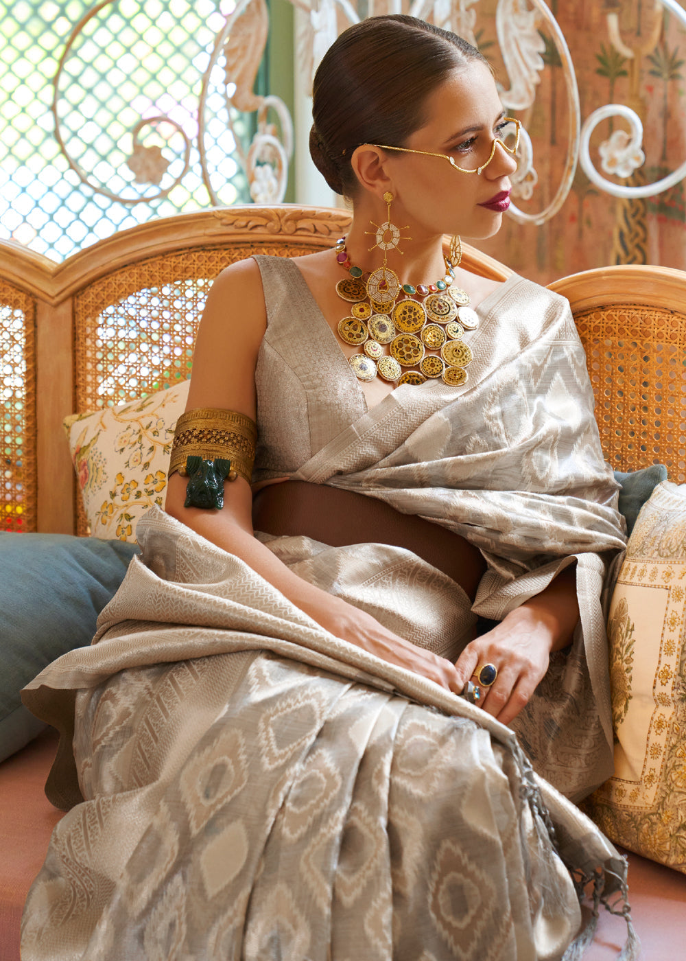 Buy MySilkLove Sorrell Grey Woven Banarasi Tissue Silk Saree Online