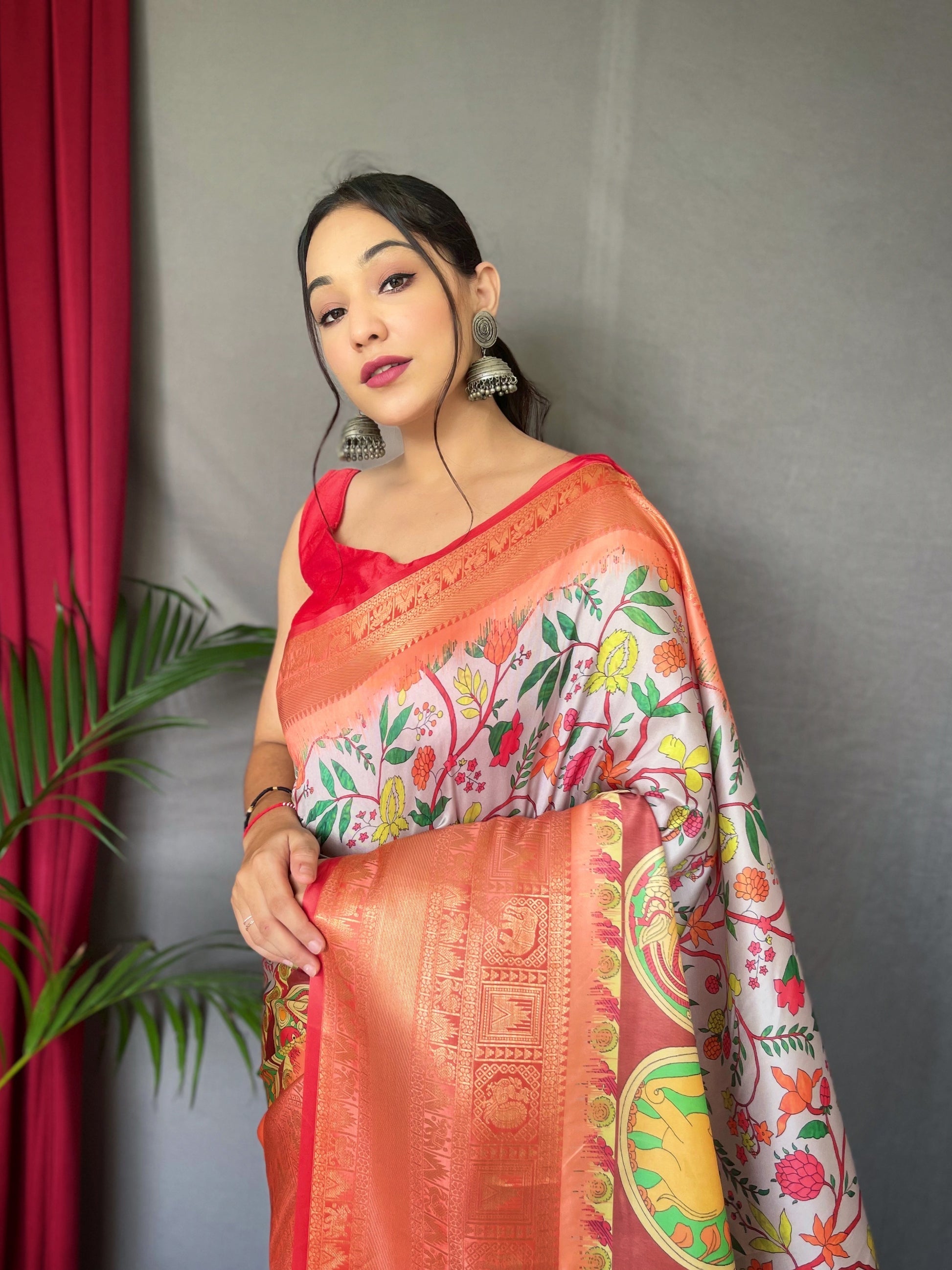 Buy MySilkLove Rock White and Red Kalamkari Saree Online