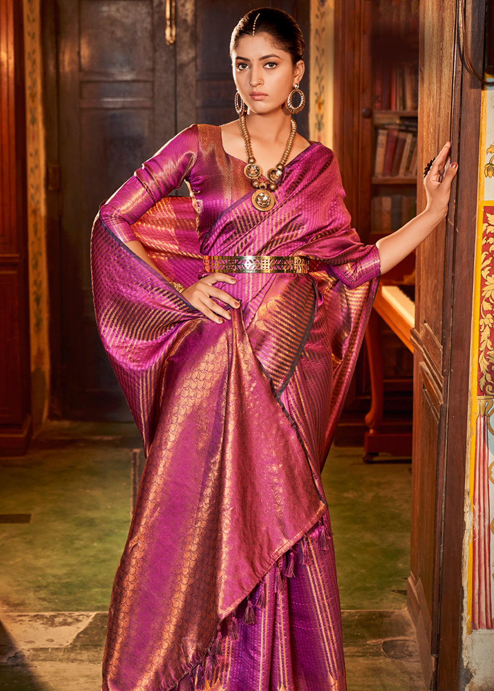 MySilkLove Cinnamon Satin Pink Zari Woven Kanjivaram Silk Saree