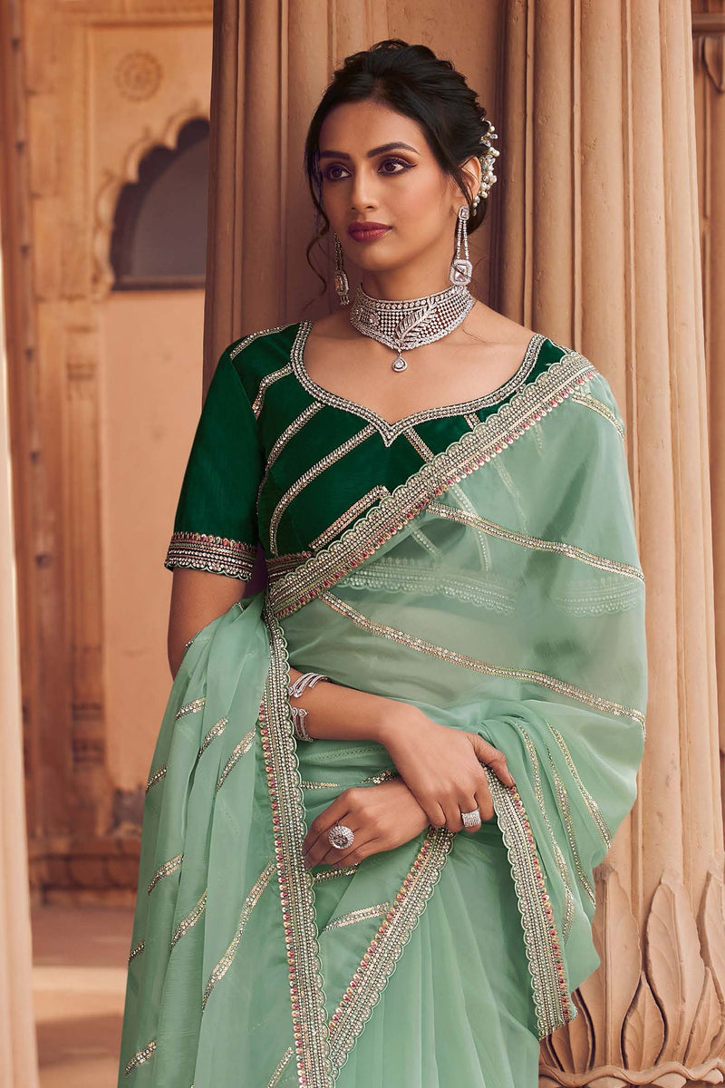 Baby Green Designer Sarees for Wedding Party. fancy saree.