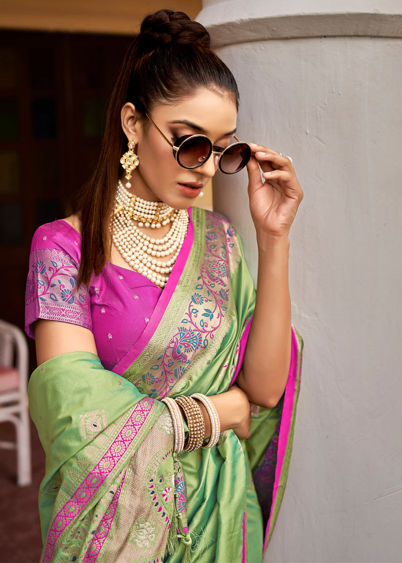Deco Green Banarasi Woven Soft Silk Saree