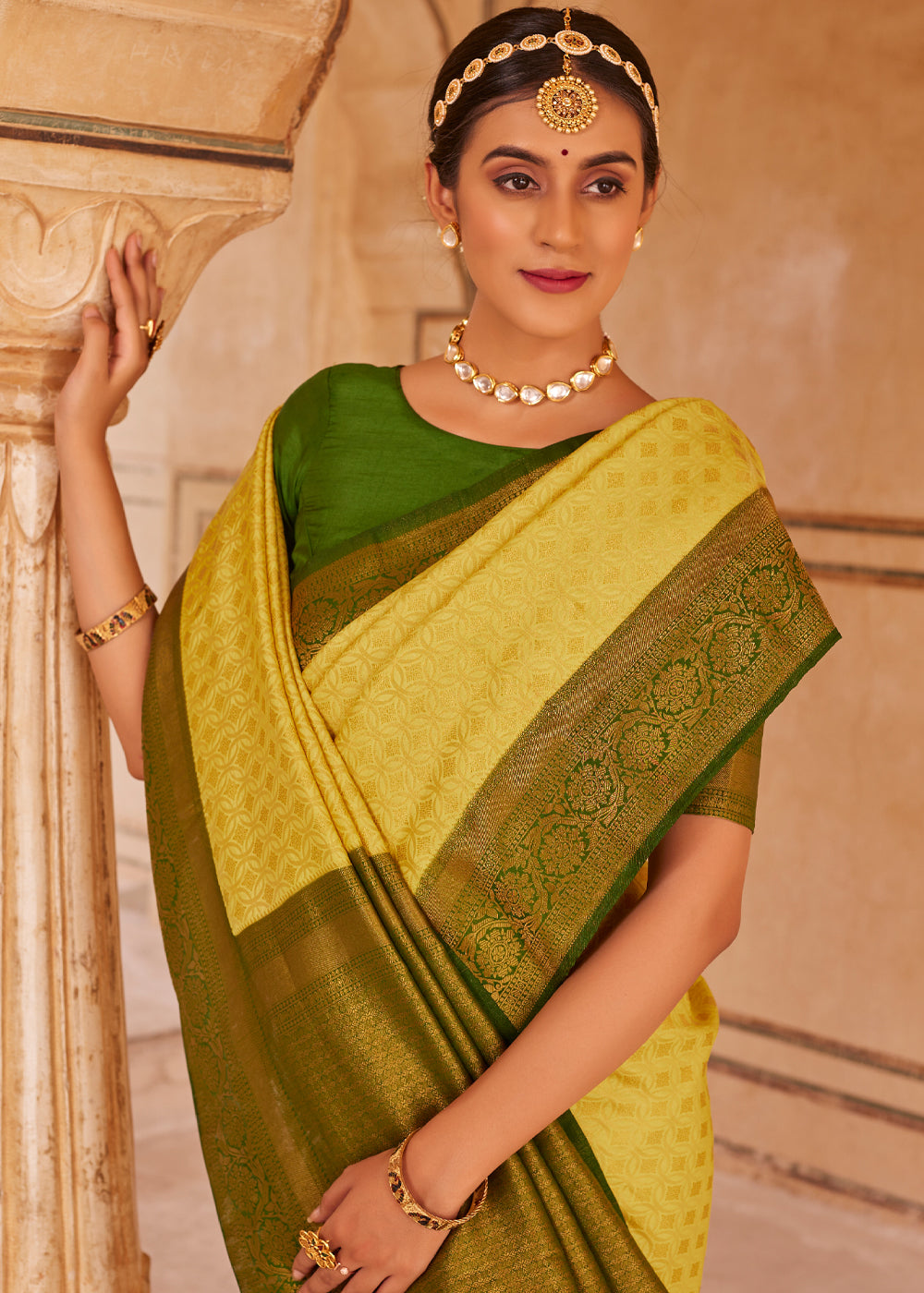 Buy MySilkLove Rob Roy Yellow and Green Woven Kanjivram Silk Saree Online