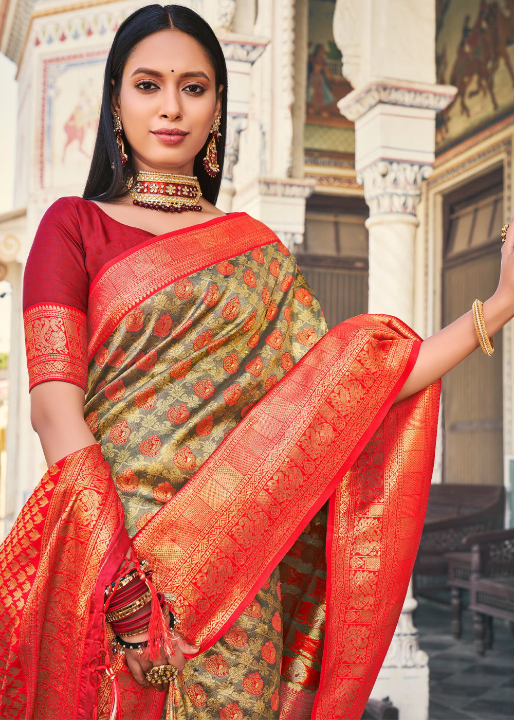 MySilkLove Brandy Grey and Red Woven Kanjivaram Silk Saree