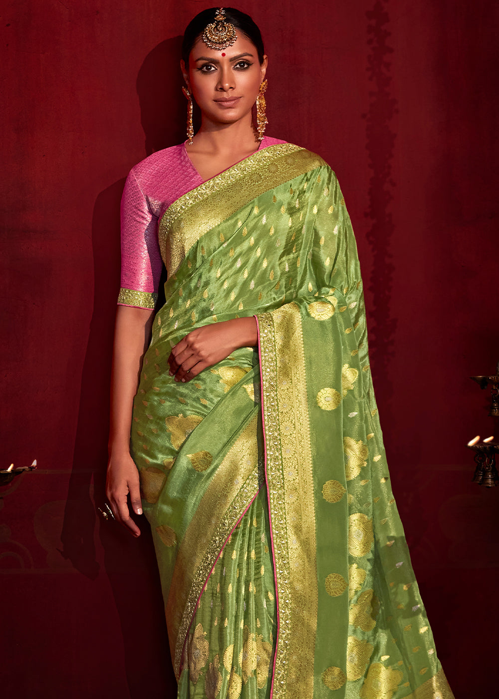 Buy MySilkLove Pesto Green Woven Banarasi Georgette Silk Saree Online