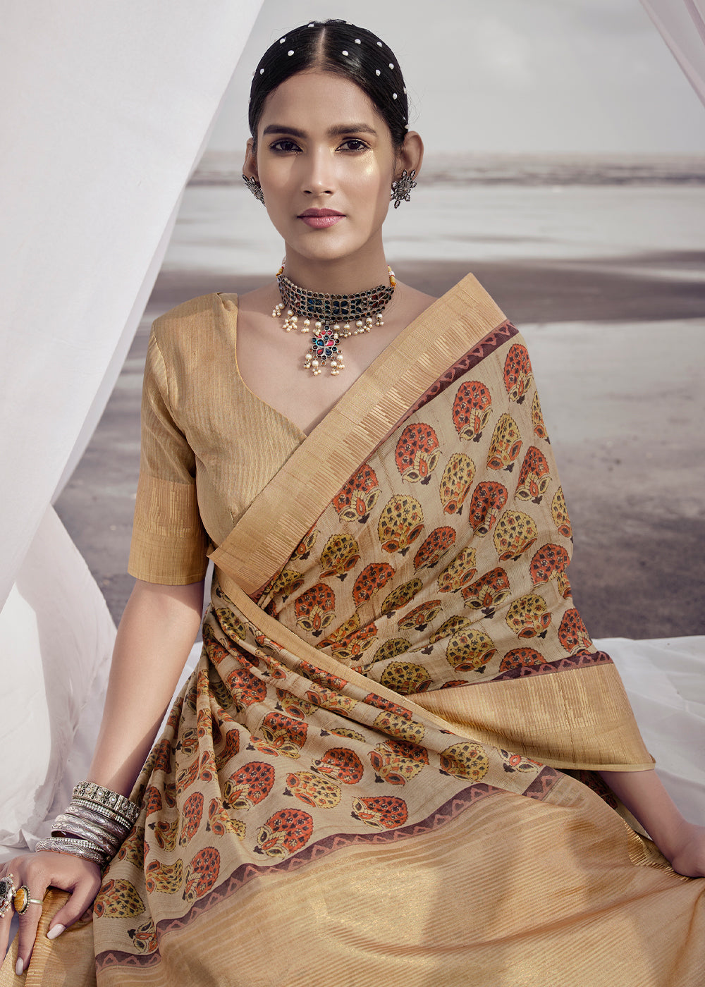 Buy MySilkLove Twine Brown Printed Designer Silk Saree Online