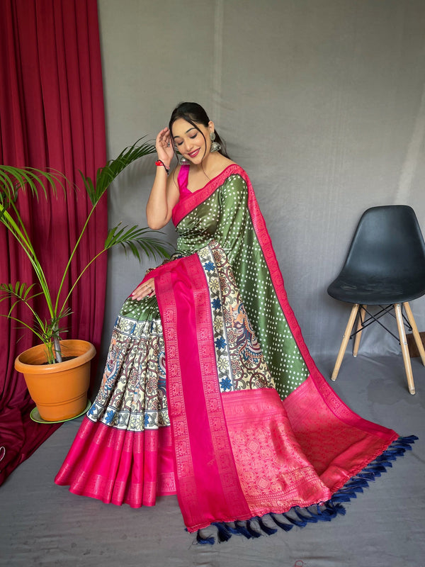 Finch Green Gala Bandhej Kalamkari Printed Silk Saree