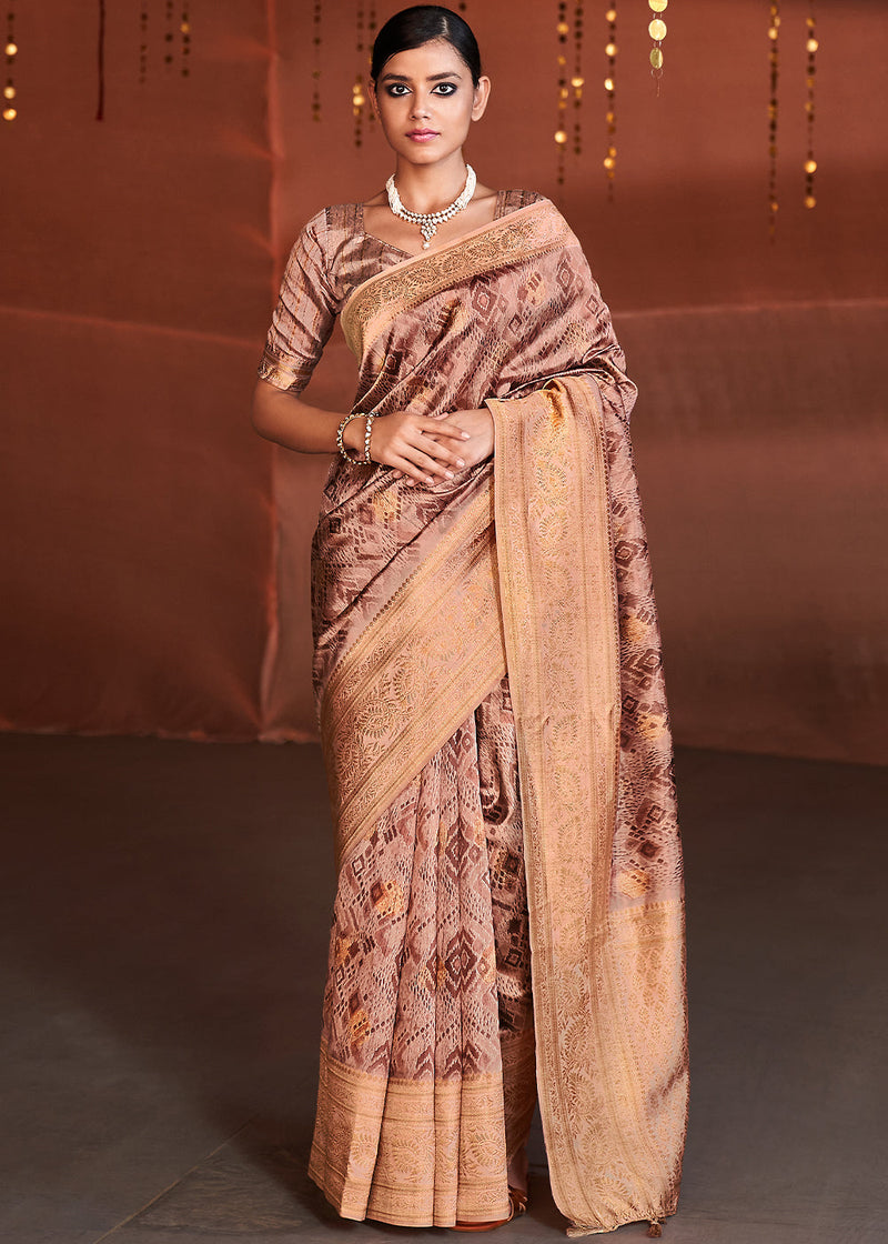 Antique Brown Banarasi Woven Printed Silk Saree